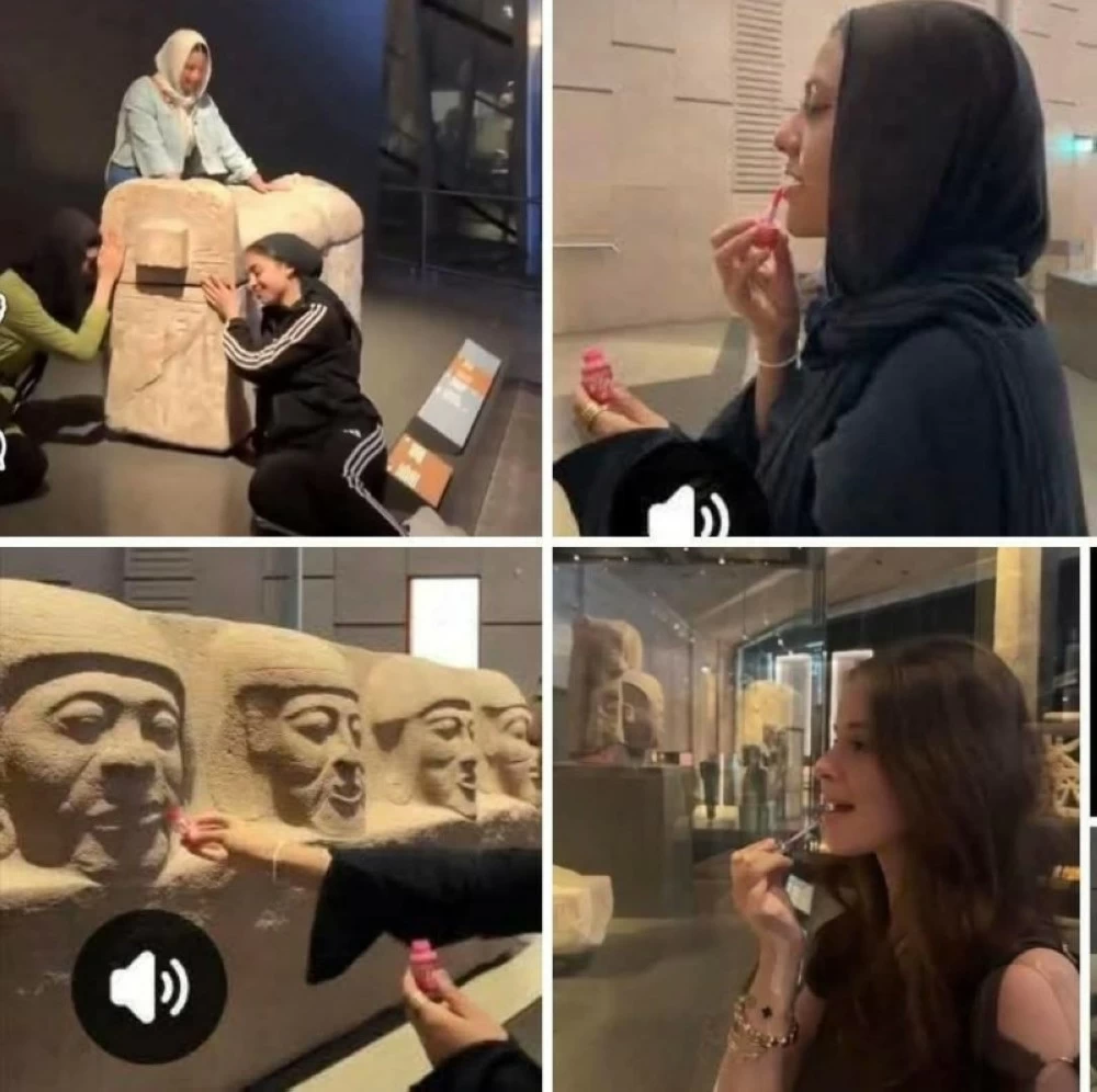صور متداولة لفتيات يضعن مكياجاً على تماثيل داخل المتحف المصري الكبير.