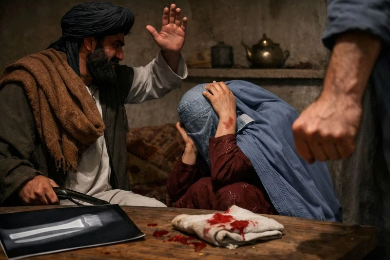 طالبان تسمح للرجال بضرب زوجاتهم، ما لم تترك الضربات كسورًا واضحة أو جروحًا مفتوحة. ( صورة مولدة بالذكاء الاصطناعي)