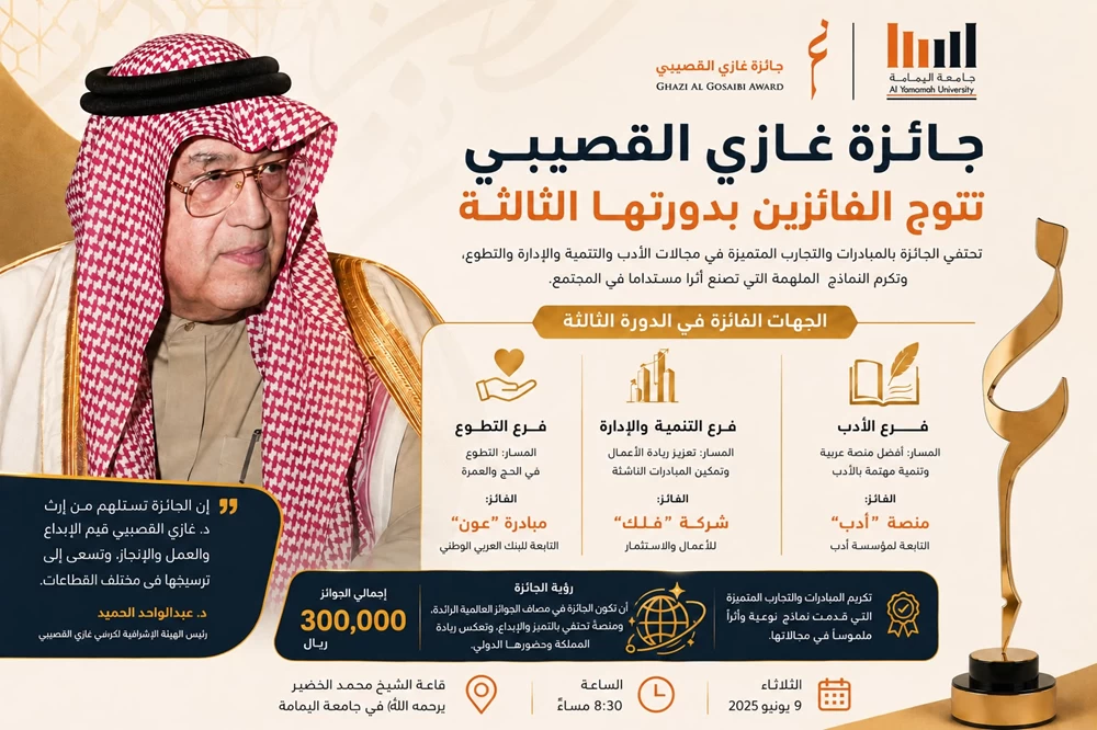 السعوديه – الثلاثاء المقبل.. جائزة غازي القصيبي تتوج الفائزين في الأدب والتنمية والعمل التطوعي – أخبار السعودية السعوديه – الثلاثاء المقبل.. جائزة غازي القصيبي تتوج الفائزين في الأدب والتنمية والعمل التطوعي – أخبار السعودية