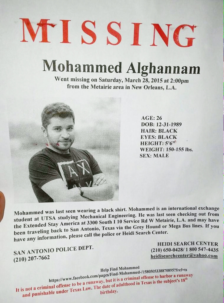 قصاصة من منشورات البحث عن المبتعث المفقود محمد الغنام.