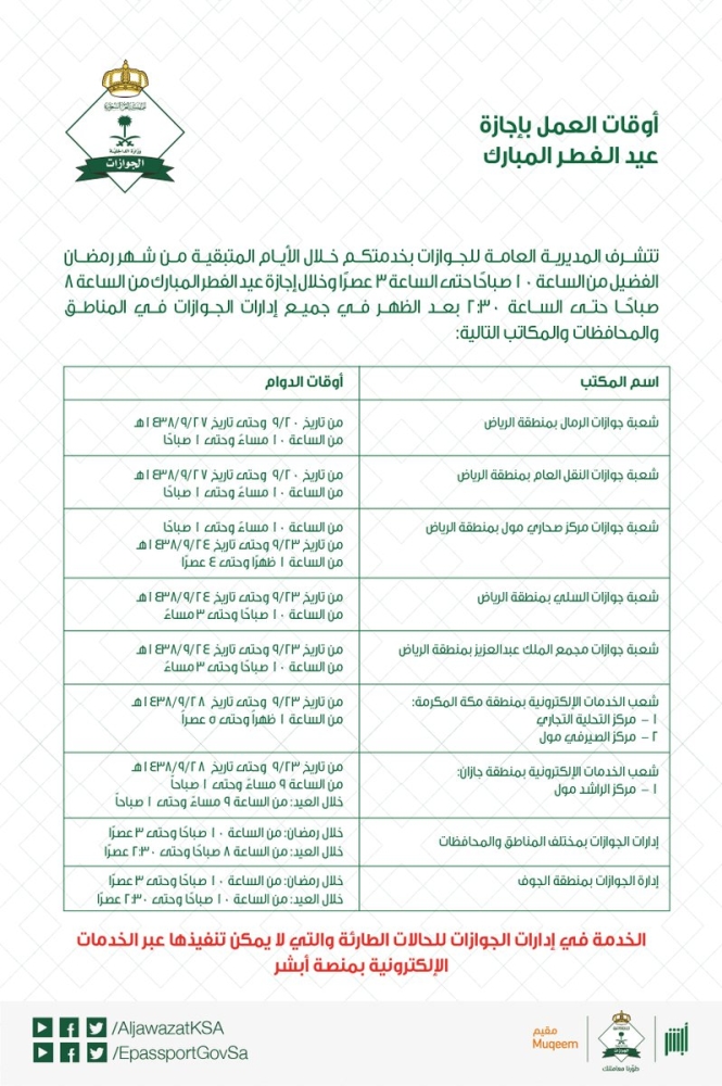 الجوازات تعلن مواعيد العمل في أوأخر رمضان وأيام العيد أخبار السعودية صحيفة عكاظ