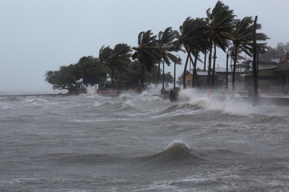 Palm trees buckle under winds and rain as Hurricane Irma slammed across islands in the northern Caribbean on Wednesday, in Fajardo, Puerto Rico September 6, 2017.  REUTERS/Alvin Baez