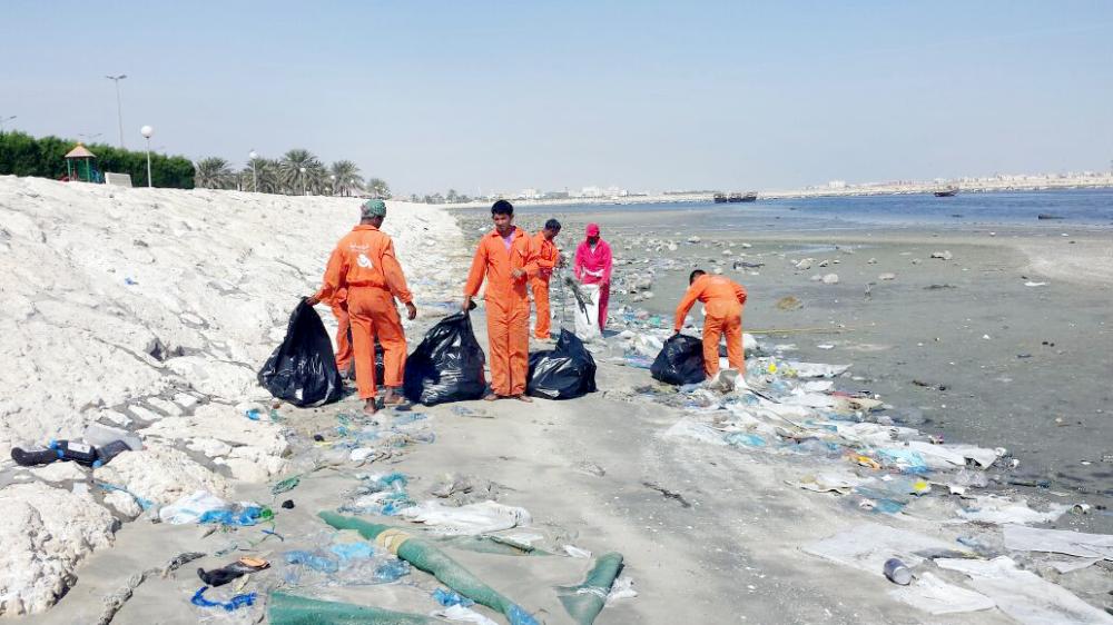 



عمال البلدية يرفعون النفايات من الشاطئ. (عكاظ)
