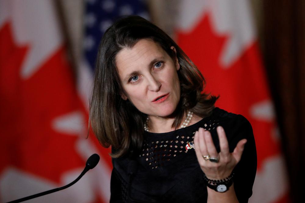 Canada's Foreign Minister Chrystia Freeland takes part in a news conference with U.S. Secretary of State Rex Tillerson (not shown) on Parliament Hill in Ottawa, Ontario, Canada, December 19, 2017. REUTERS/Blair Gable