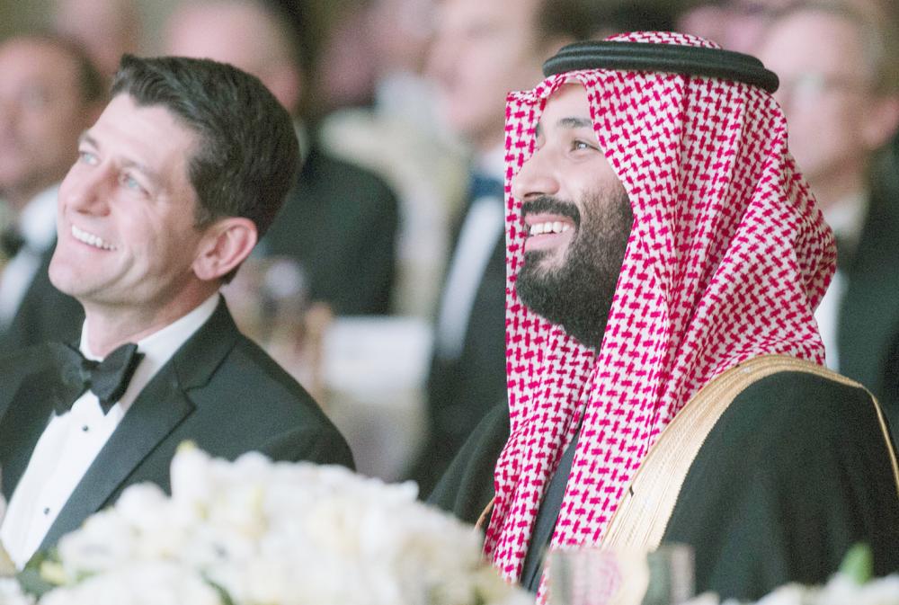 A handout picture provided by the Saudi Royal Palace on March 22, 2018 shows Saudi Crown Prince Mohammed bin Salman (R) and US Speaker of the House, Paul Ryan, Republican of Wisconsin, attending the Saudi-US Partnership Gala event in Washington, DC. - RESTRICTED TO EDITORIAL USE - MANDATORY CREDIT «AFP PHOTO / SAUDI ROYAL PALACE / BANDAR AL-JALOUD» - NO MARKETING - NO ADVERTISING CAMPAIGNS - DISTRIBUTED AS A SERVICE TO CLIENTS / AFP / Saudi Royal Palace / BANDAR AL-JALOUD / RESTRICTED TO EDITORIAL USE - MANDATORY CREDIT «AFP PHOTO / SAUDI ROYAL PALACE / BANDAR AL-JALOUD» - NO MARKETING - NO ADVERTISING CAMPAIGNS - DISTRIBUTED AS A SERVICE TO CLIENTS 