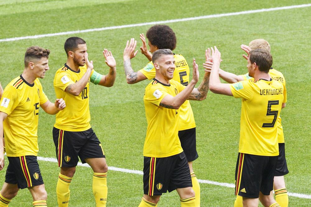 Belgium's forward Eden Hazard (2nd-L) celebrates scoring his second goal, his team's fourth, during the Russia 2018 World Cup Group G football match between Belgium and Tunisia at the Spartak Stadium in Moscow on June 23, 2018. RESTRICTED TO EDITORIAL USE - NO MOBILE PUSH ALERTS/DOWNLOADS
 / AFP / Mladen ANTONOV / RESTRICTED TO EDITORIAL USE - NO MOBILE PUSH ALERTS/DOWNLOADS

