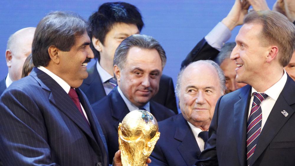 FIFA President Joseph Blatter (secondÂ right) is flanked in Zurich, Switzerland, on Dec. 2, 2010, by Russian Deputy Prime Minister Igor Shuvalov (right) and Qatar's Emir Sheikh Hamad bin Khalifa Al-Thani after the announcement that Russia will host the soccer World Cup in 2018 and Qatar in 2022