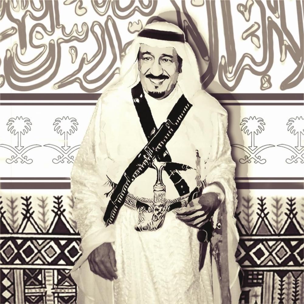لوحة للفنان حاتم المطرفي يجسد فيها اهتمام الملك سلمان بالزي السعودي.