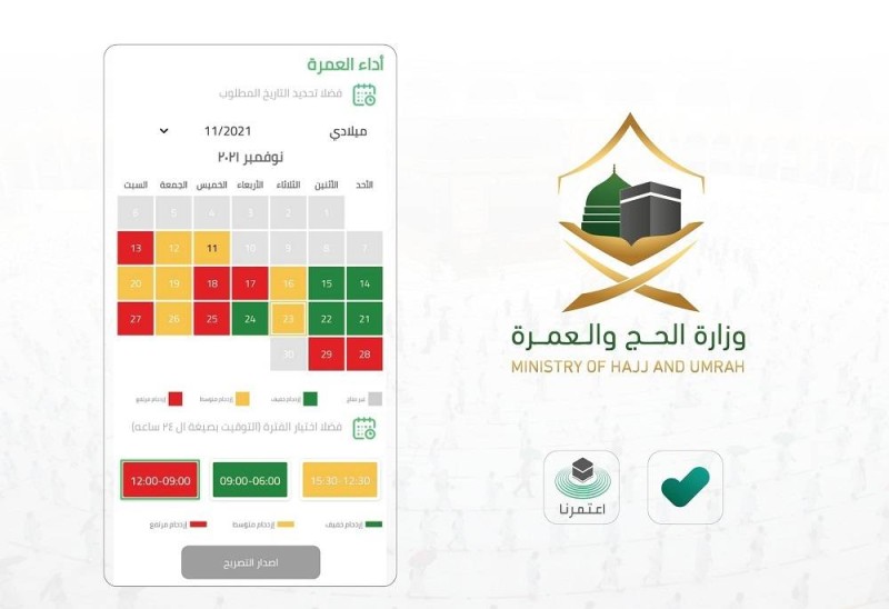 تحدد الألوان درجة الازدحام عند طلب تصريح العمرة عبر تطبيقي اعتمرنا وتوكلنا