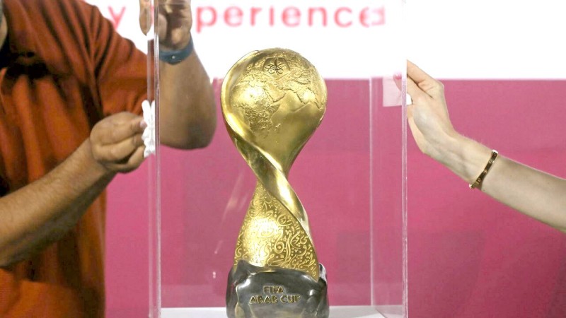 The FIFA Arab Cup Trophy is displayed during Day 2 of the FIFA Arab Cup Trophy Experience on November 23, 2021 in ASPIRE Park, Doha, Qatar. AFP PHOTO / KARIM JAAFAR