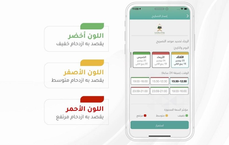 خدمة الألوان الثلاثة في تطبيق توكلنا لمعرفة مؤشر الازدحام عند حجز تصاريح العمرة أو الصلاة