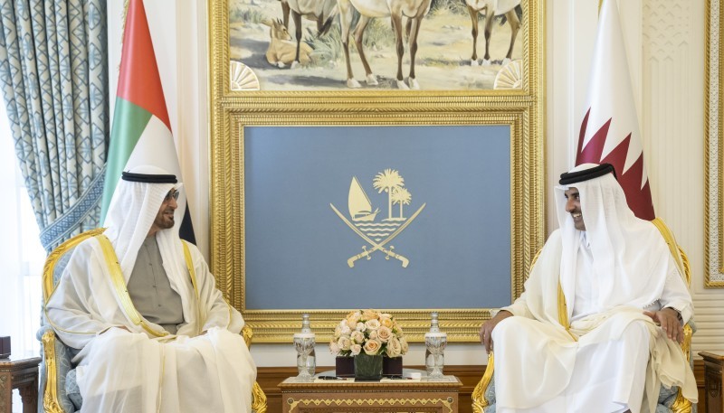 DOHA, QATAR - December 05, 2022: HH Sheikh Mohamed bin Zayed Al Nahyan, President of the United Arab Emirates (L) meets with HH Sheikh Tamim bin Hamad Al Thani, Emir of Qatar (R), during a reception, at the Amiri Diwan.
( Hamad Al Kaabi / UAE Presidential Court ) ---