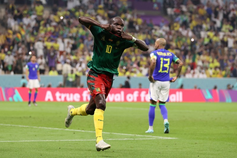 LUSAIL CITY, QATAR - DECEMBER 02: Vincent Aboubakar of Cameroon celebrates after scoring the team's first goal during the FIFA World Cup Qatar 2022 Group G match between Cameroon and Brazil at Lusail Stadium on December 02, 2022 in Lusail City, Qatar. (Photo by Clive Brunskill/Getty Images)