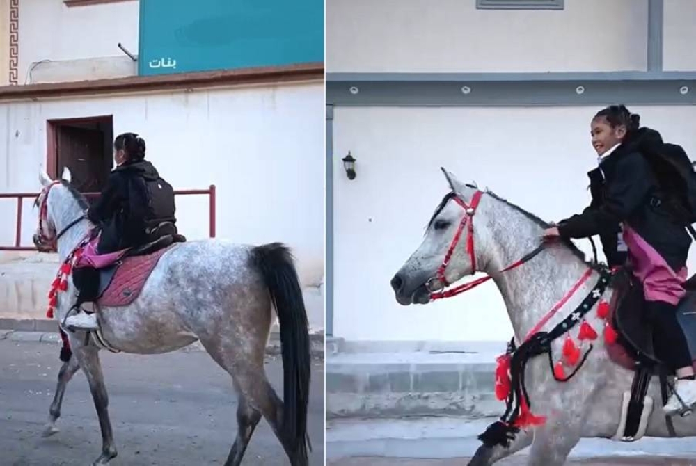 لقطات من الفيديو المتداول للفارسة جود أثناء توجهها إلى المدرسة على ظهر فرسها
